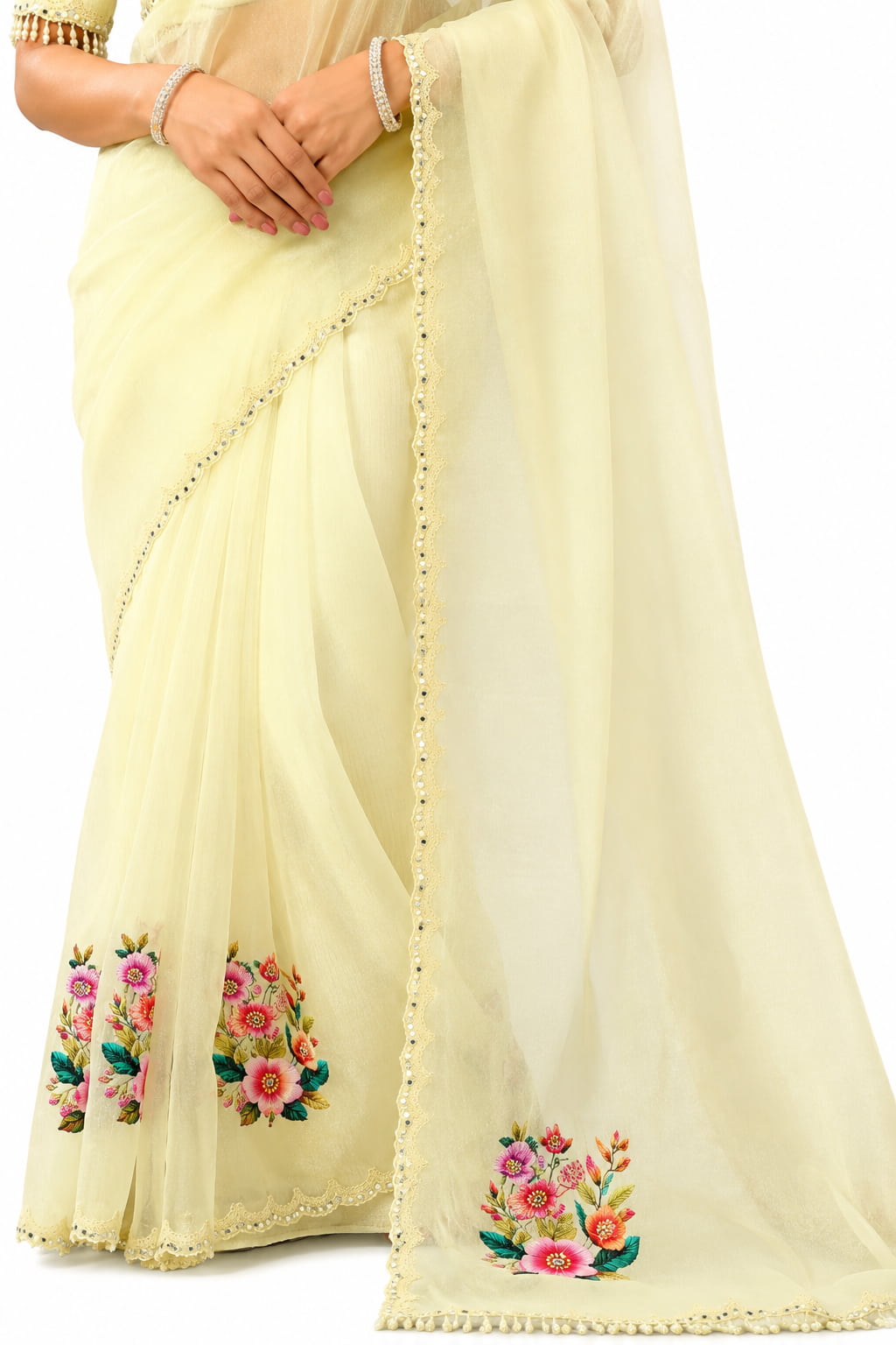 Off-White Organza Satin Saree - View 3
