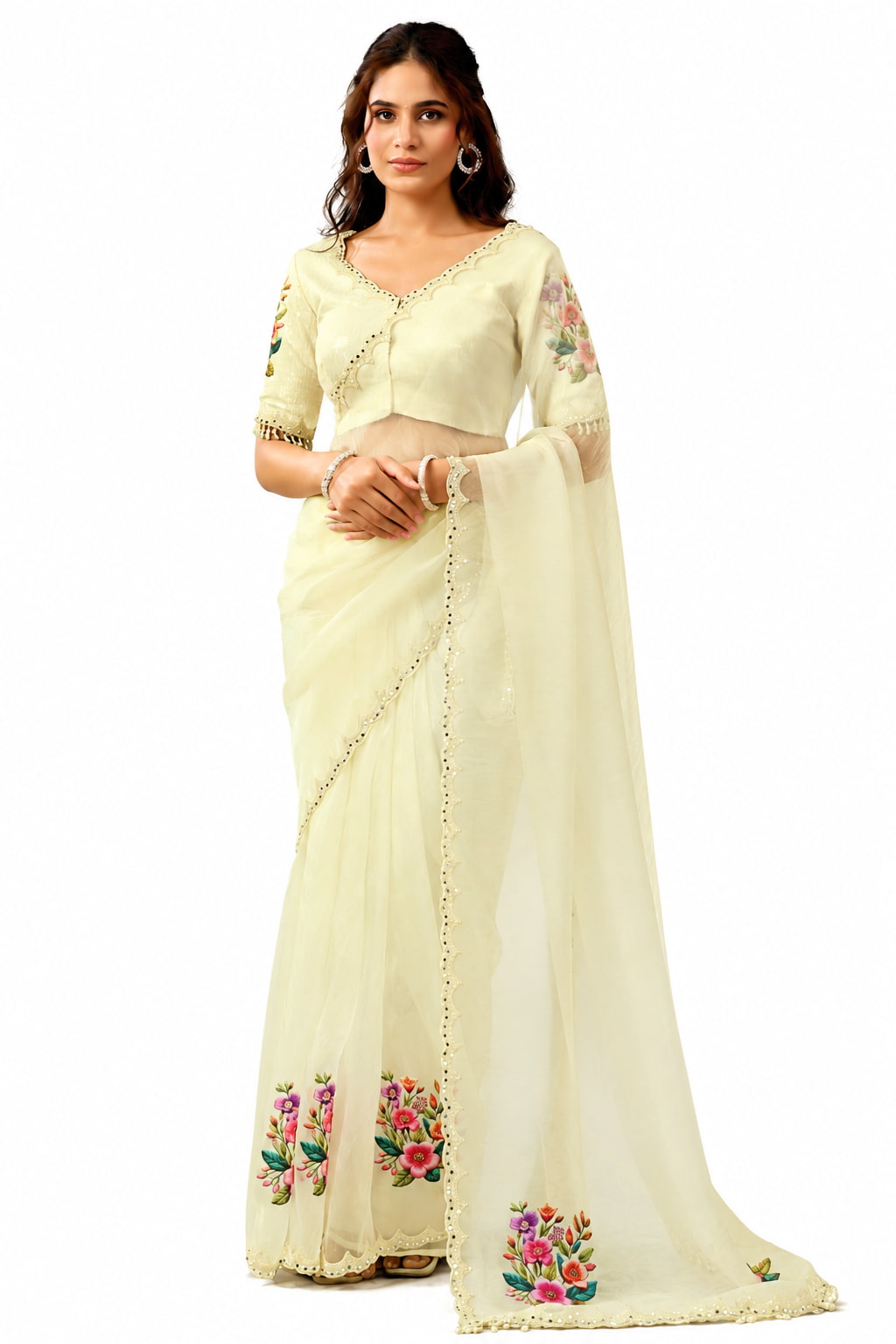 Off-White Organza Satin Saree