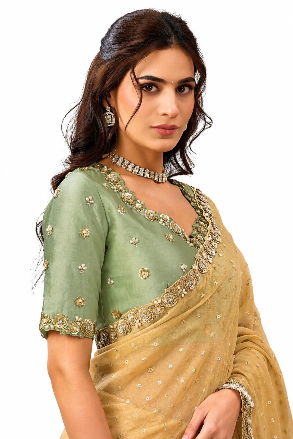 Gold Georgette Buti Jacquard Silk Saree - View 2