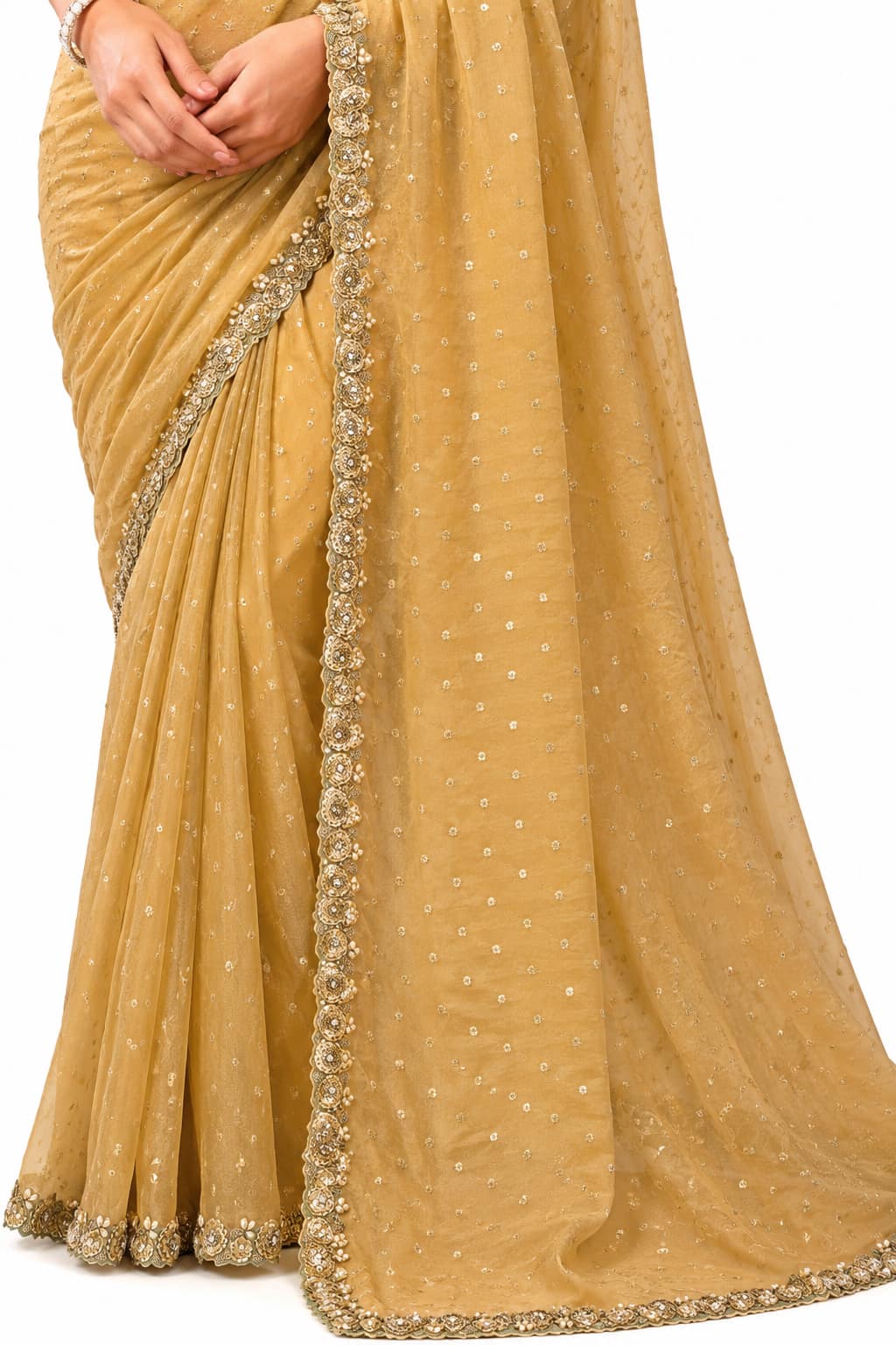 Gold Georgette Buti Jacquard Silk Saree - View 3