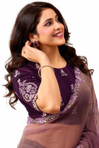 Dusty Mauve Organza Satin Saree - View 2