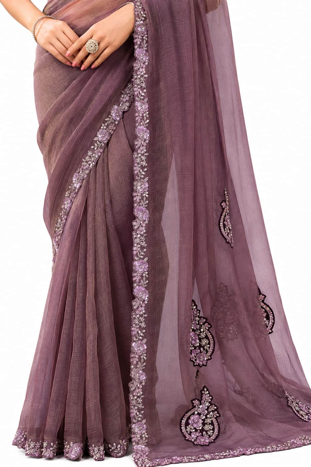 Dusty Mauve Organza Satin Saree - View 3