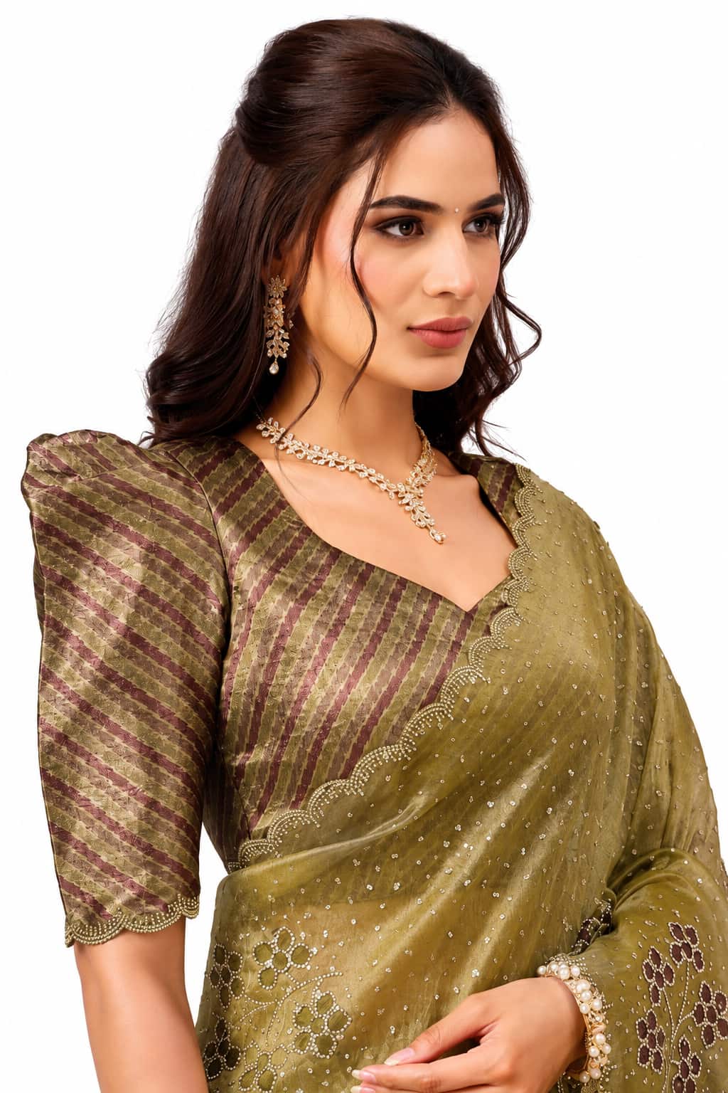 Olive Gold Crush Tissue Satin Saree - View 2