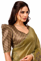 Olive Gold Crush Tissue Satin Saree - View 2