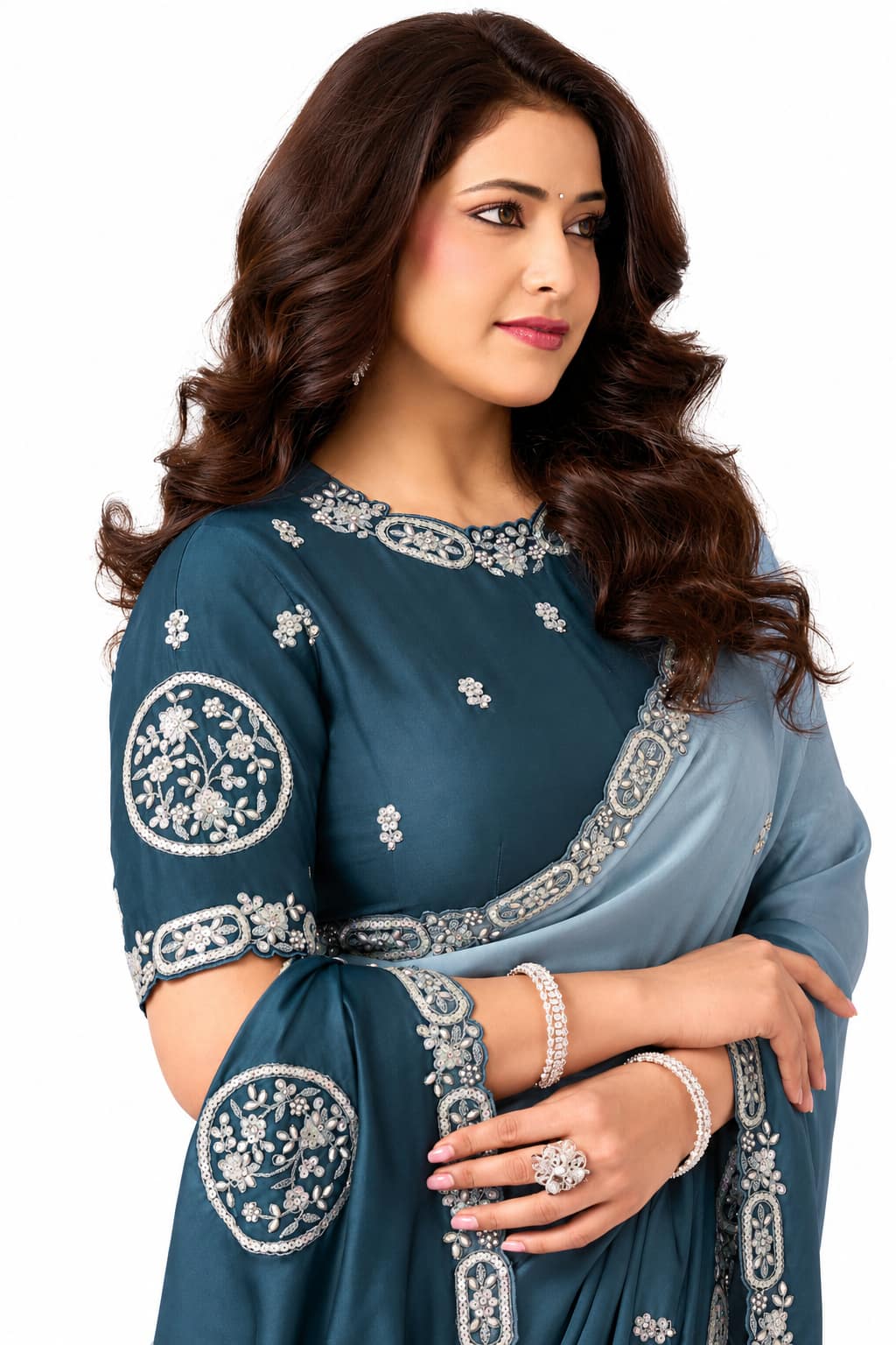 Teal Lustrous Satin Silk Saree - View 2