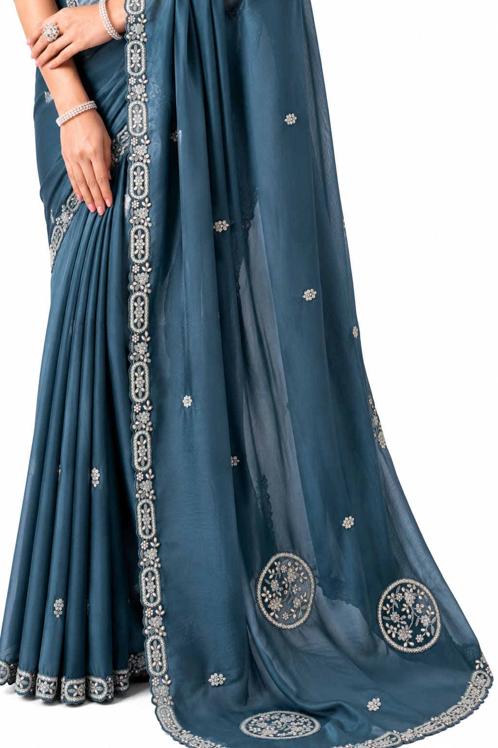 Teal Lustrous Satin Silk Saree - View 3