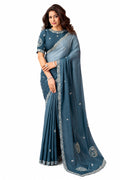 Teal Lustrous Satin Silk Saree