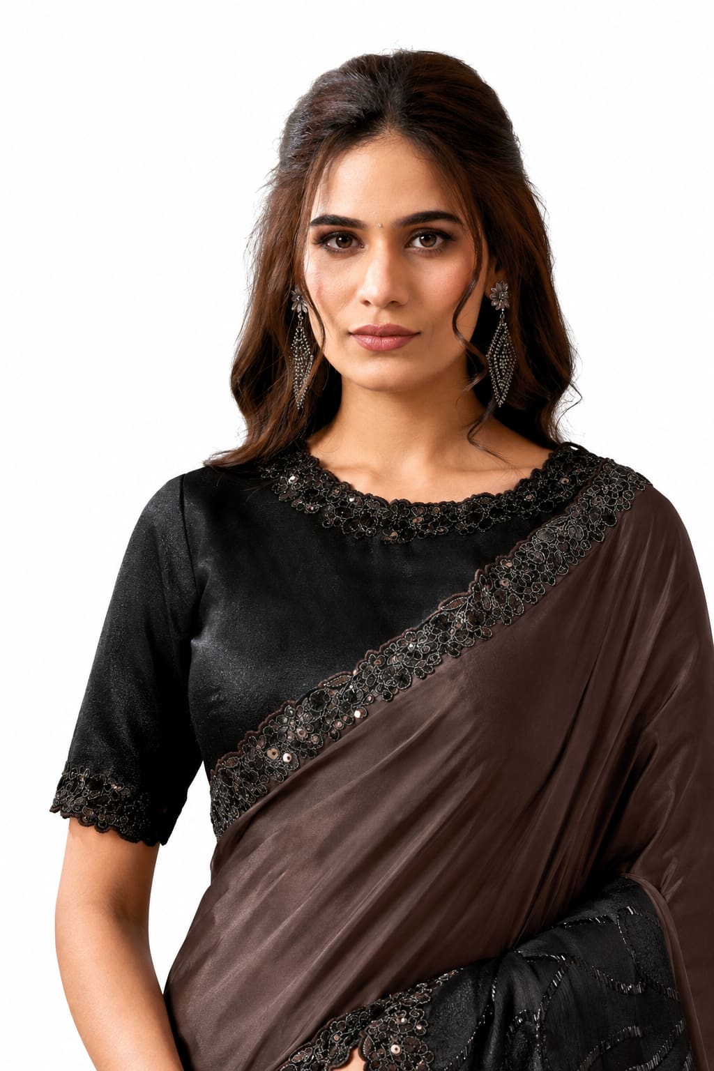 Espresso Brown Crepe Satin Silk Saree - View 2