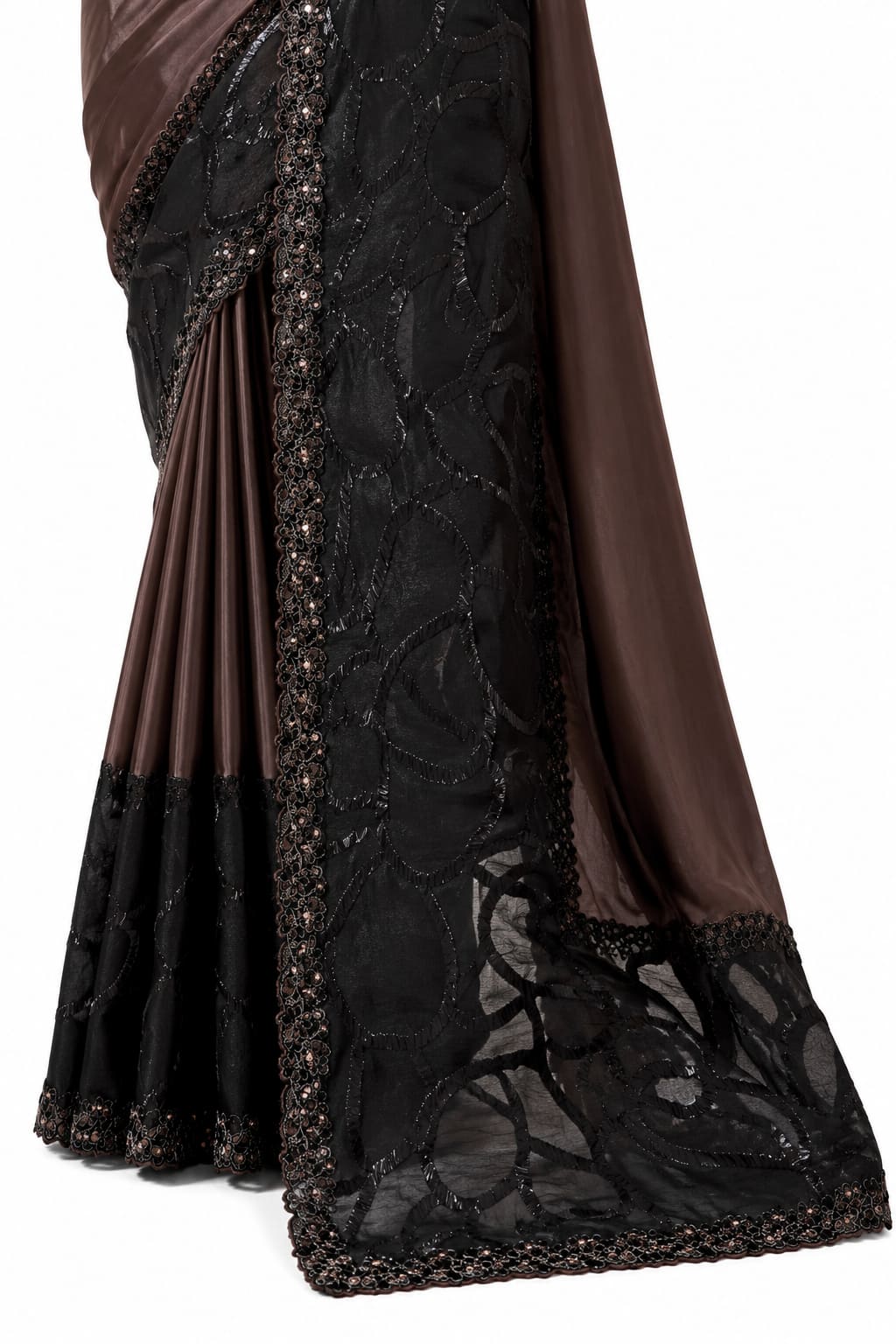 Espresso Brown Crepe Satin Silk Saree - View 3