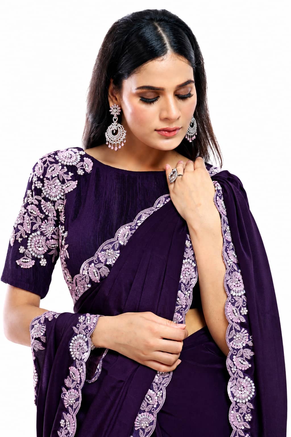 Deep Purple Pure Crepe Silk Saree - View 2