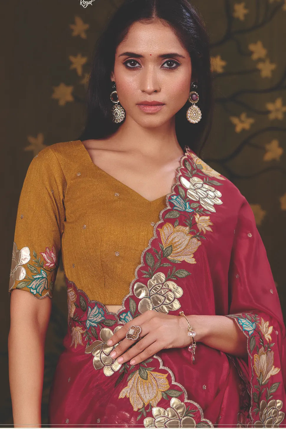 Maroon Natural Crepe traditional saree with Floral Motifs Multi Thread Embroidery by Naksh Creation view 2