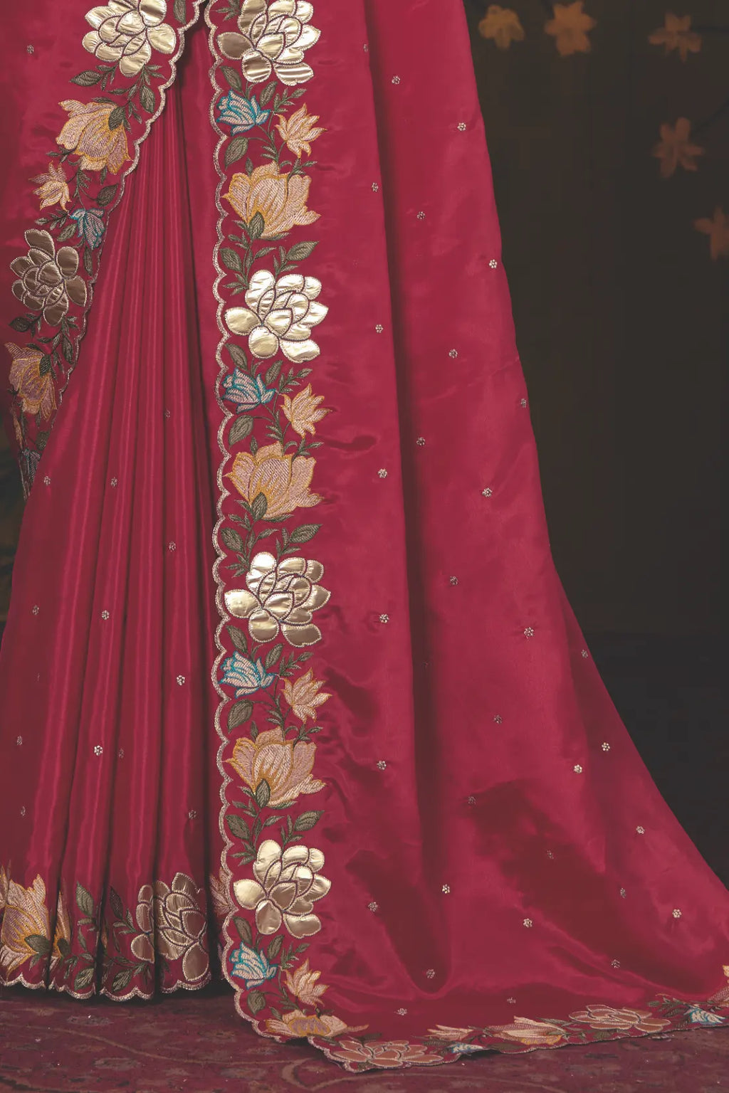 Maroon Natural Crepe traditional saree with Floral Motifs Multi Thread Embroidery by Naksh Creation view 3