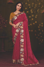 Maroon Natural Crepe traditional saree with Floral Motifs Multi Thread Embroidery by Naksh Creation