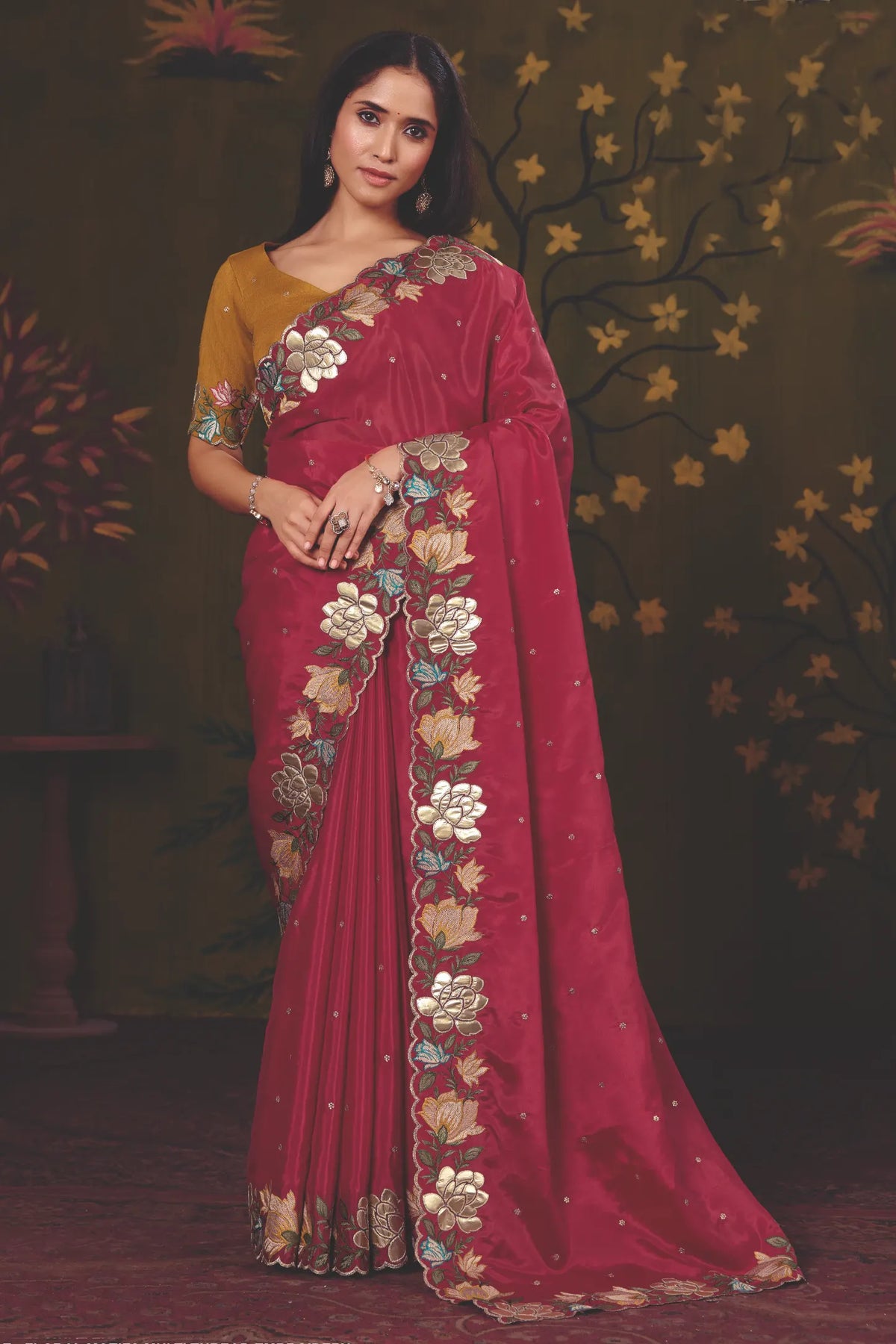 Maroon Natural Crepe traditional saree with Floral Motifs Multi Thread Embroidery by Naksh Creation