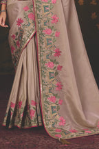 Taupe Uppada Silk traditional saree with Kalamkari Motifs Multi Thread Embroidery by Naksh Creation view 3