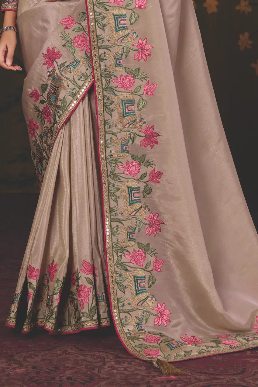 Taupe Uppada Silk traditional saree with Kalamkari Motifs Multi Thread Embroidery by Naksh Creation view 3