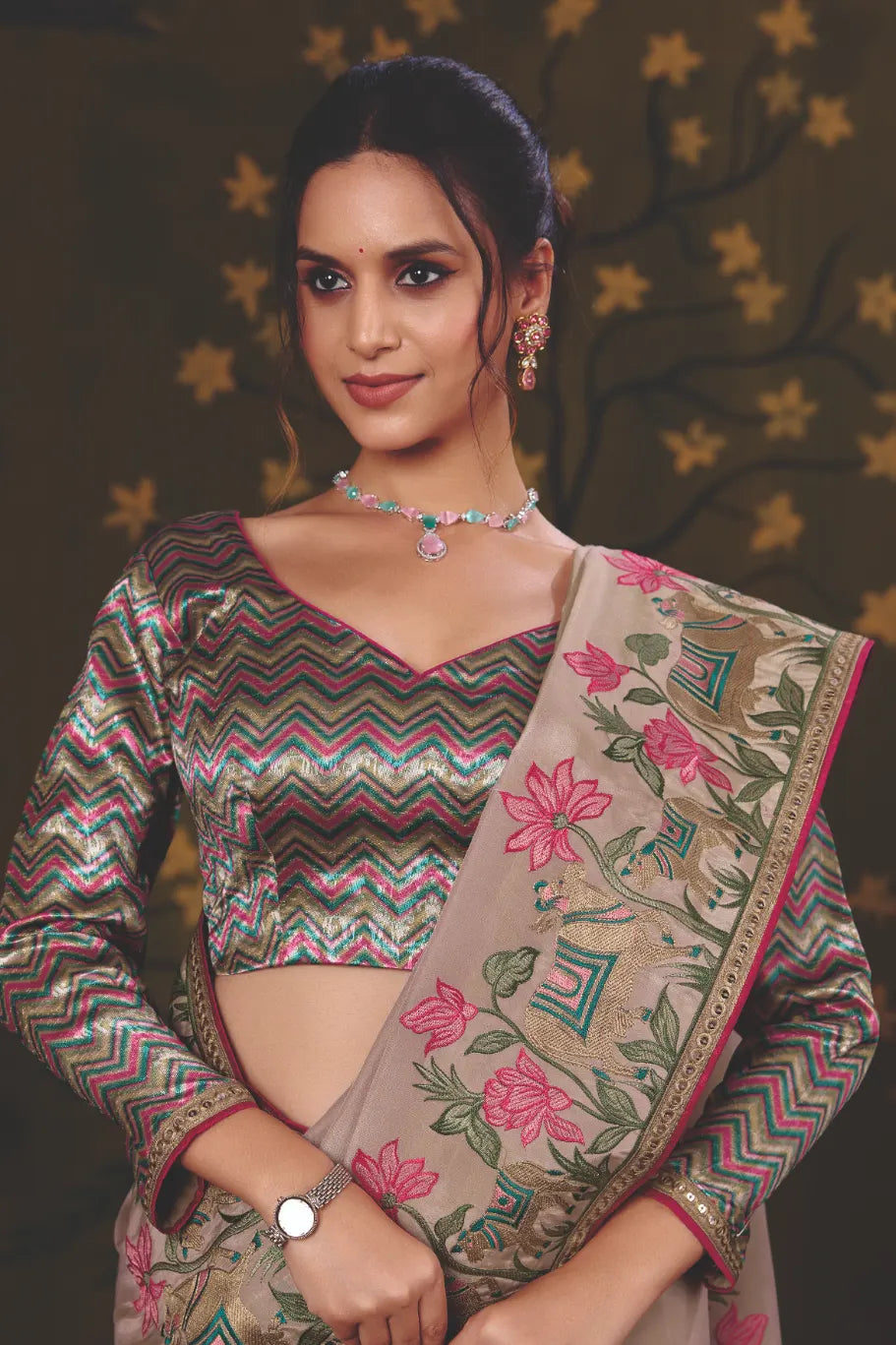Taupe Uppada Silk traditional saree with Kalamkari Motifs Multi Thread Embroidery by Naksh Creation view 2