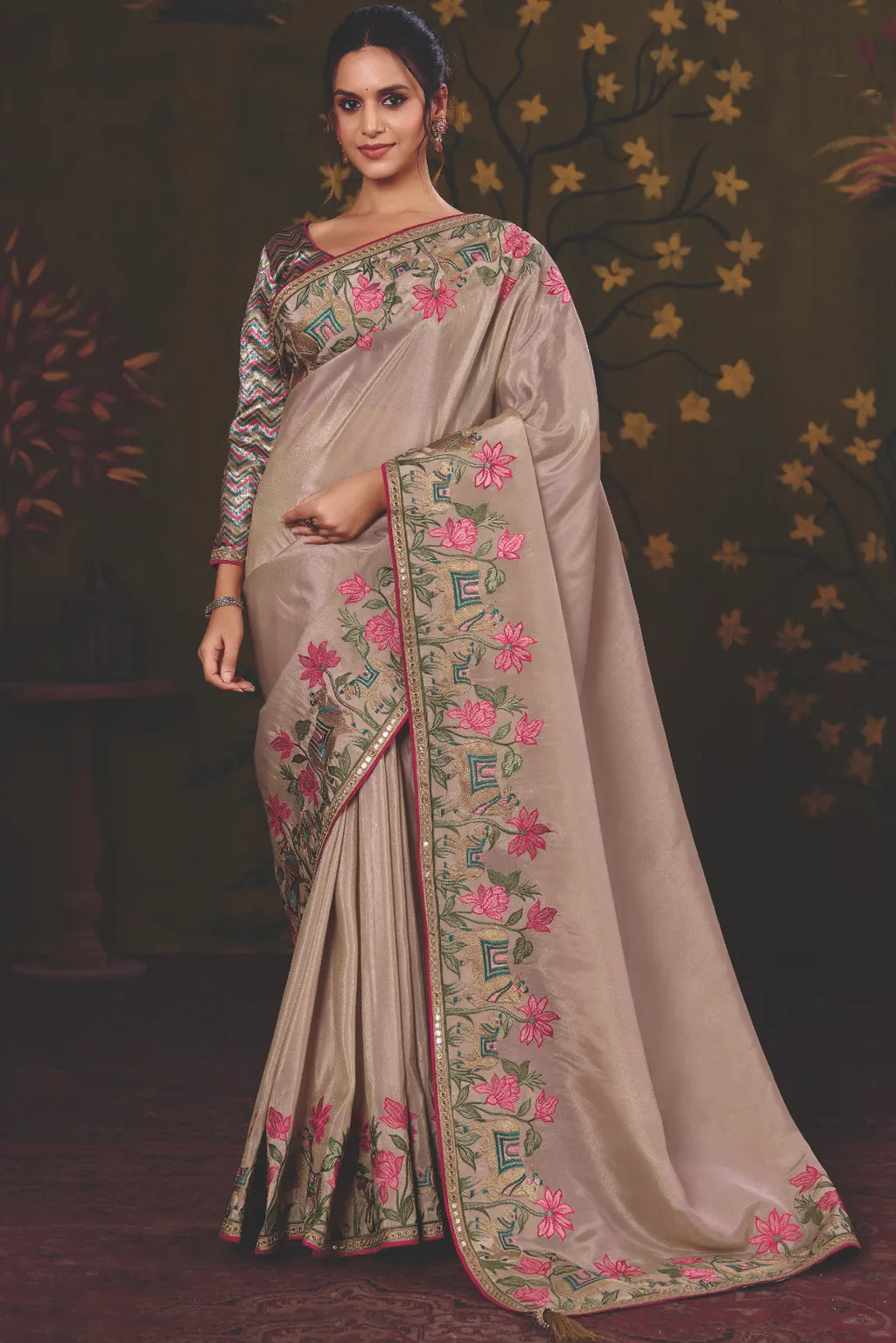 Taupe Uppada Silk traditional saree with Kalamkari Motifs Multi Thread Embroidery by Naksh Creation