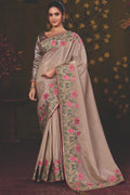 Taupe Uppada Silk traditional saree with Kalamkari Motifs Multi Thread Embroidery by Naksh Creation