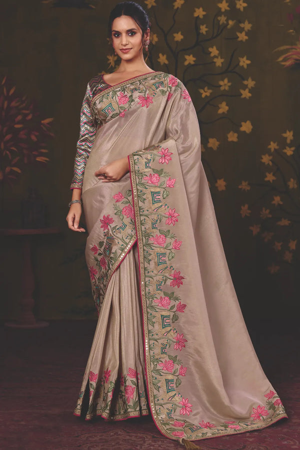 Taupe Uppada Silk traditional saree with Kalamkari Motifs Multi Thread Embroidery by Naksh Creation
