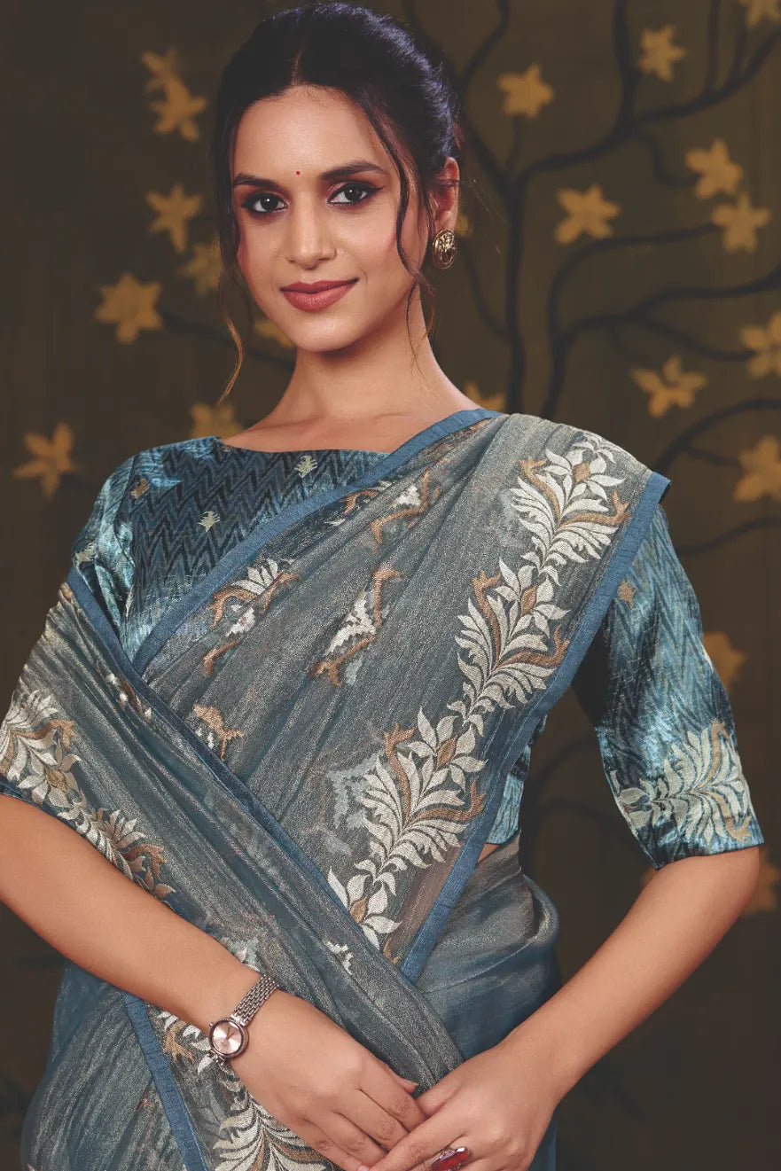 Steel Blue Tissue Zari traditional saree with Multi Thread Embroidery by Naksh Creation view 2