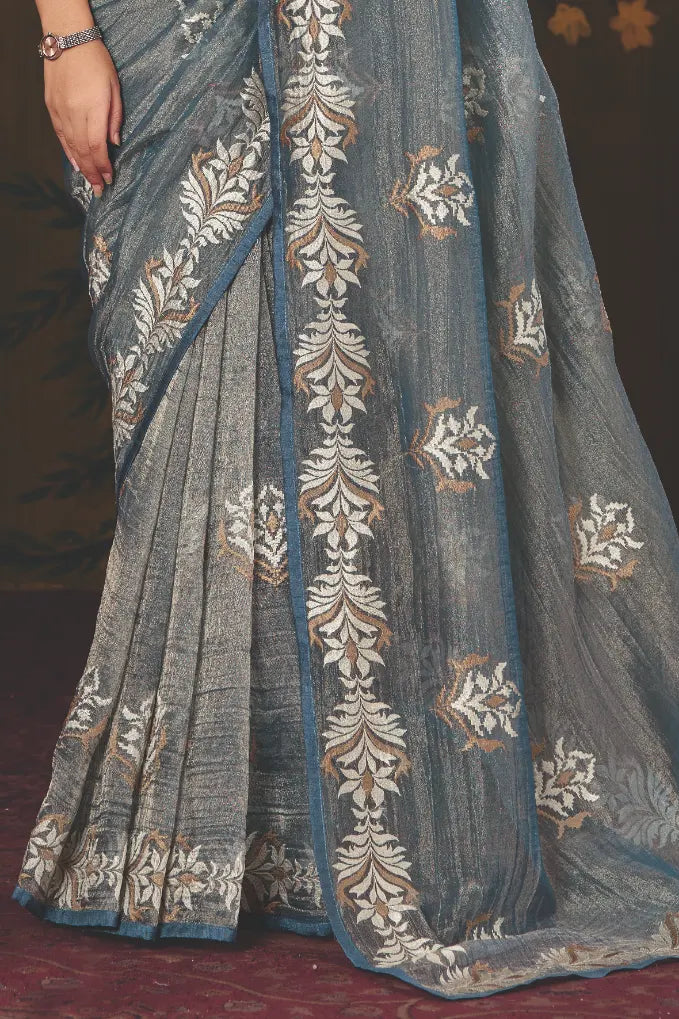 Steel Blue Tissue Zari traditional saree with Multi Thread Embroidery by Naksh Creation view 3