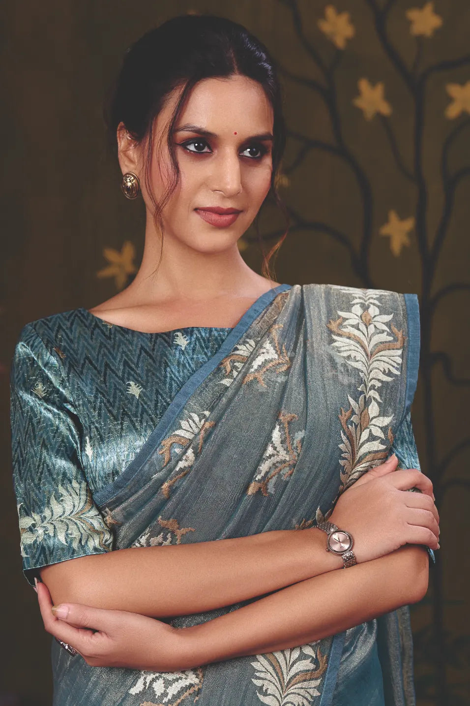 Steel Blue Tissue Zari traditional saree with Multi Thread Embroidery by Naksh Creation view 4