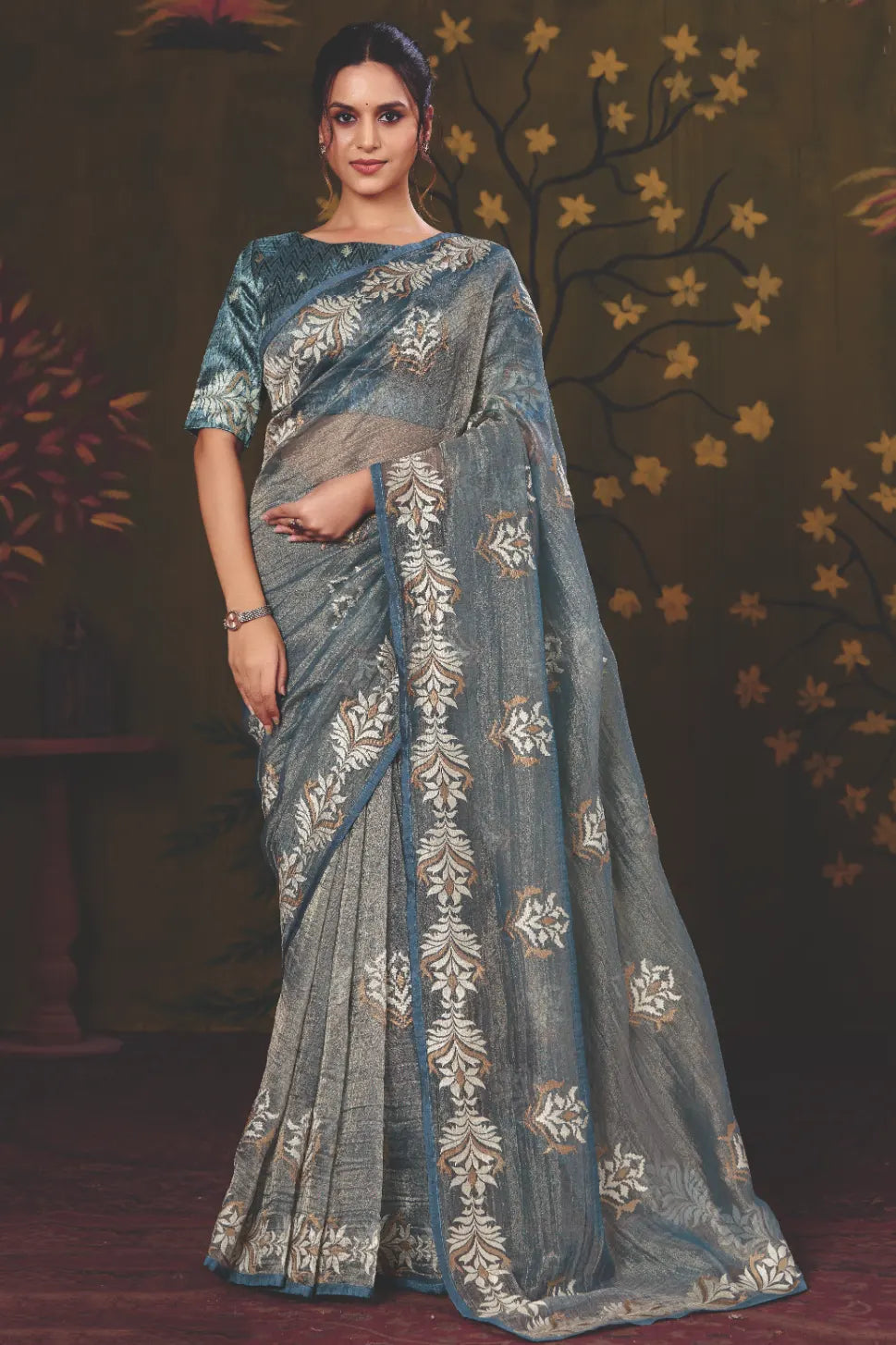Steel Blue Tissue Zari traditional saree with Multi Thread Embroidery by Naksh Creation