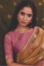 Mustard Gold Satin Silk traditional saree with Floral Lehariya Multi Thread Embroidery by Naksh Creation view 2