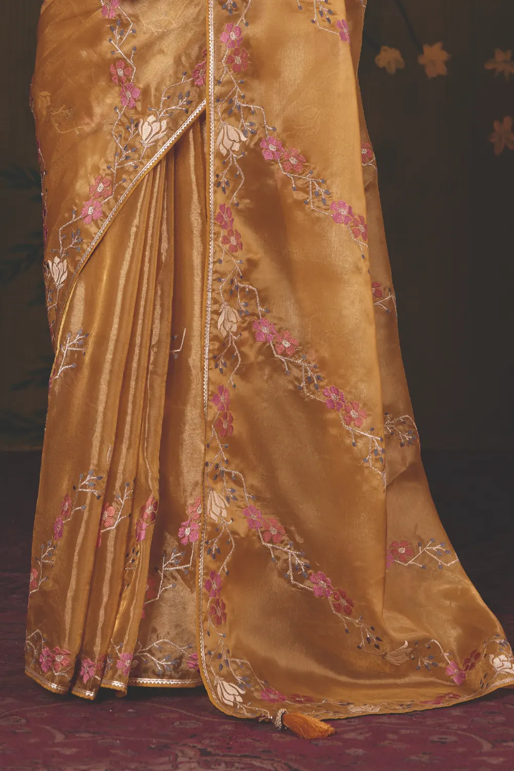 Mustard Gold Satin Silk traditional saree with Floral Lehariya Multi Thread Embroidery by Naksh Creation view 3