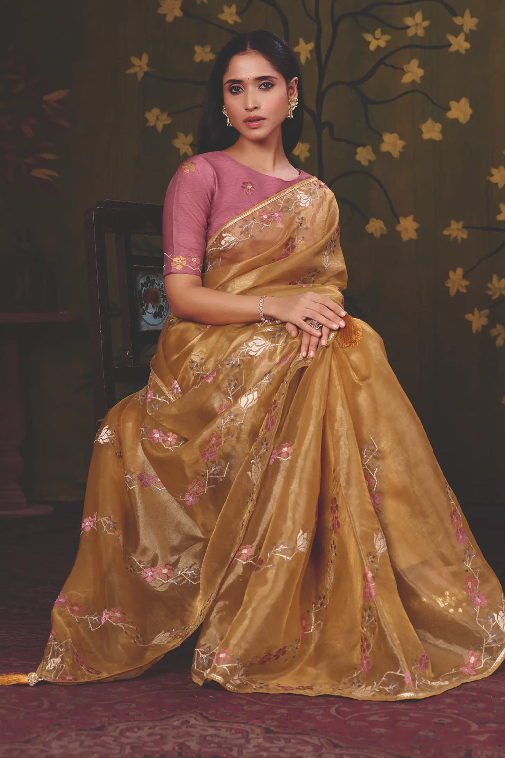 Mustard Gold Satin Silk traditional saree with Floral Lehariya Multi Thread Embroidery by Naksh Creation view 4