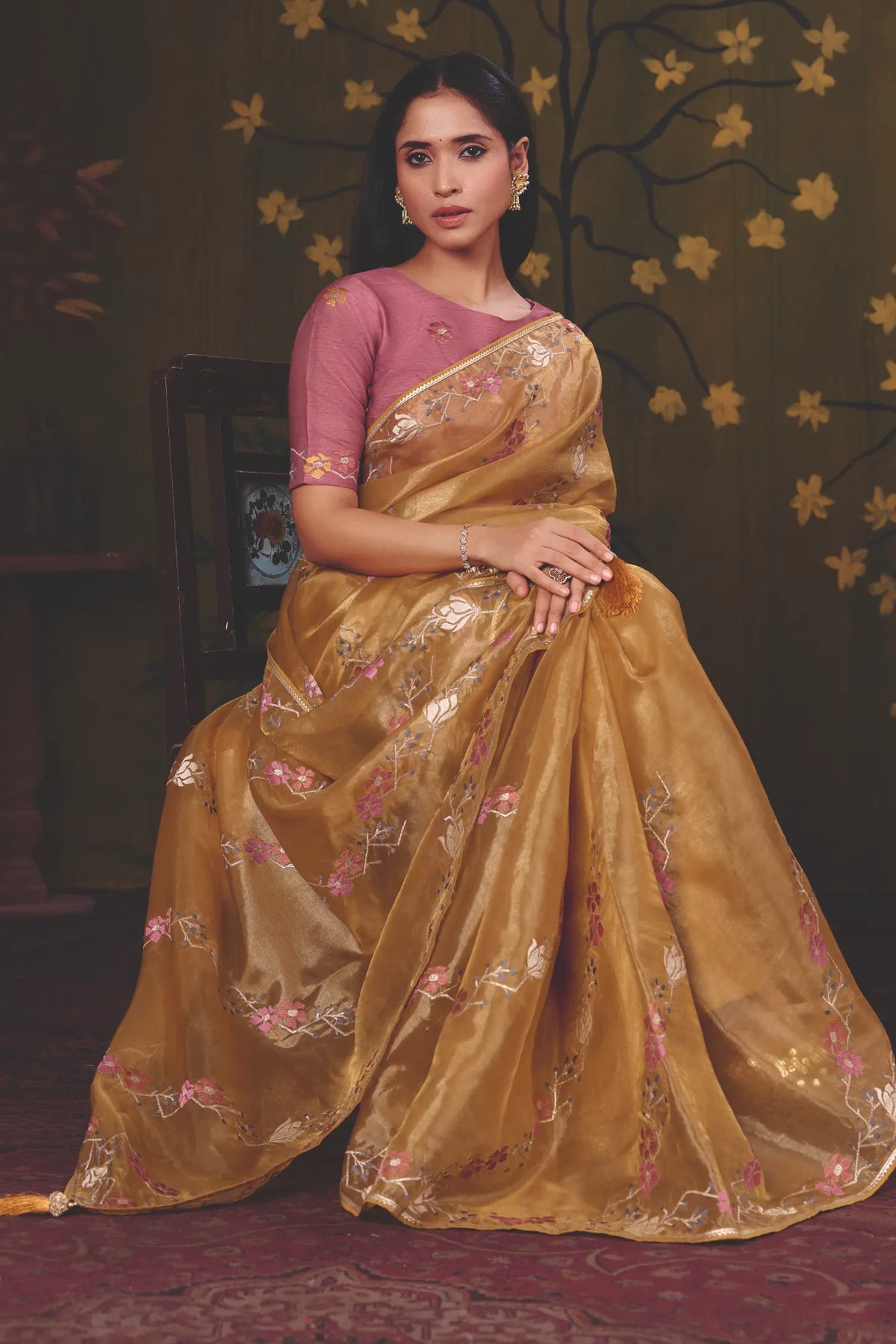 Mustard Gold Satin Silk traditional saree with Floral Lehariya Multi Thread Embroidery by Naksh Creation view 4