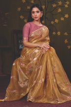 Mustard Gold Satin Silk traditional saree with Floral Lehariya Multi Thread Embroidery by Naksh Creation view 5