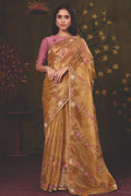 Mustard Gold Satin Silk traditional saree with Floral Lehariya Multi Thread Embroidery by Naksh Creation