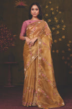 Mustard Gold Satin Silk traditional saree with Floral Lehariya Multi Thread Embroidery by Naksh Creation