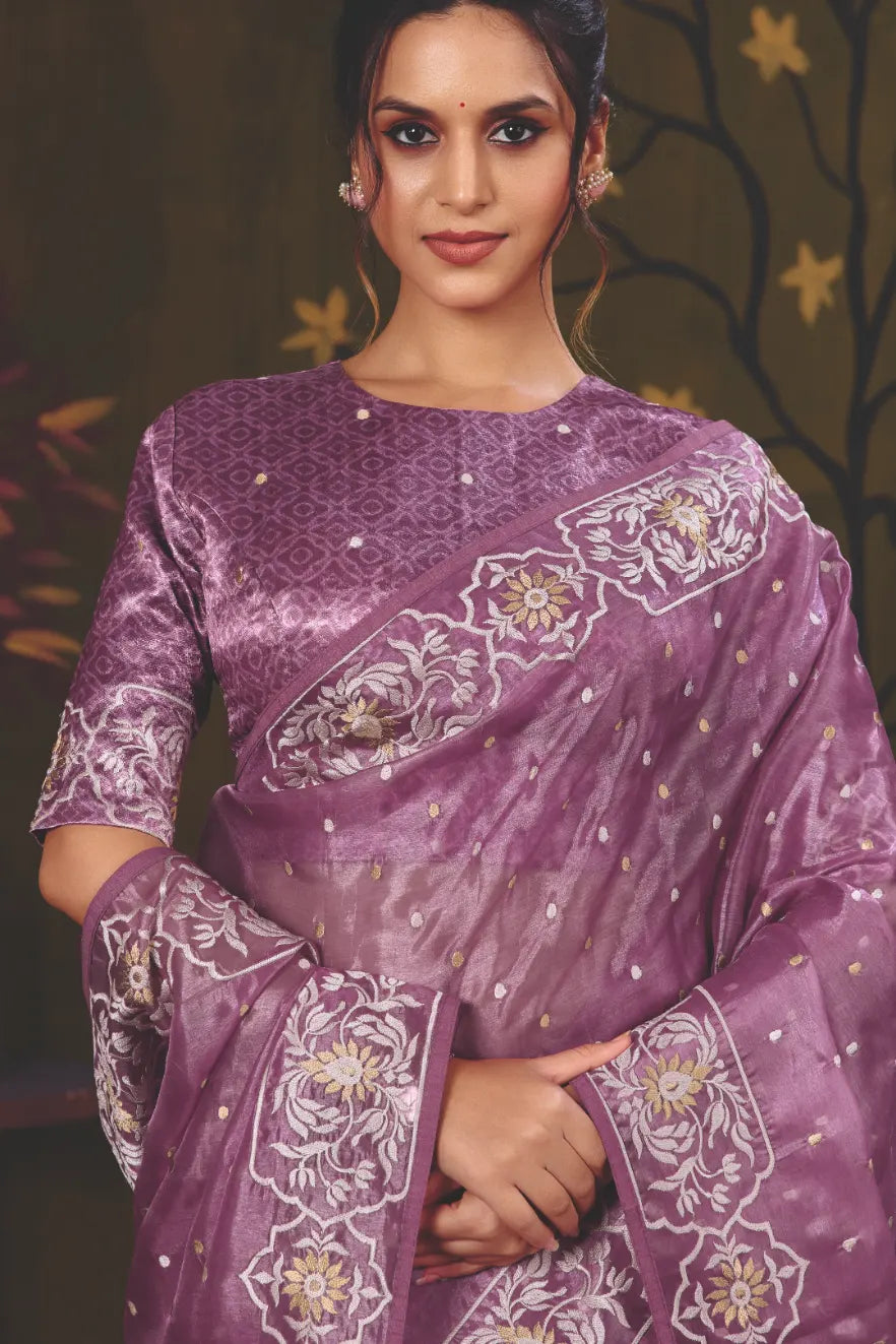 Lavender Satin Silk traditional saree with Multi Thread Embroidery by Naksh Creation view 2