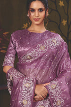 Lavender Satin Silk traditional saree with Multi Thread Embroidery by Naksh Creation view 2