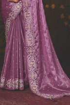 Lavender Satin Silk traditional saree with Multi Thread Embroidery by Naksh Creation view 3