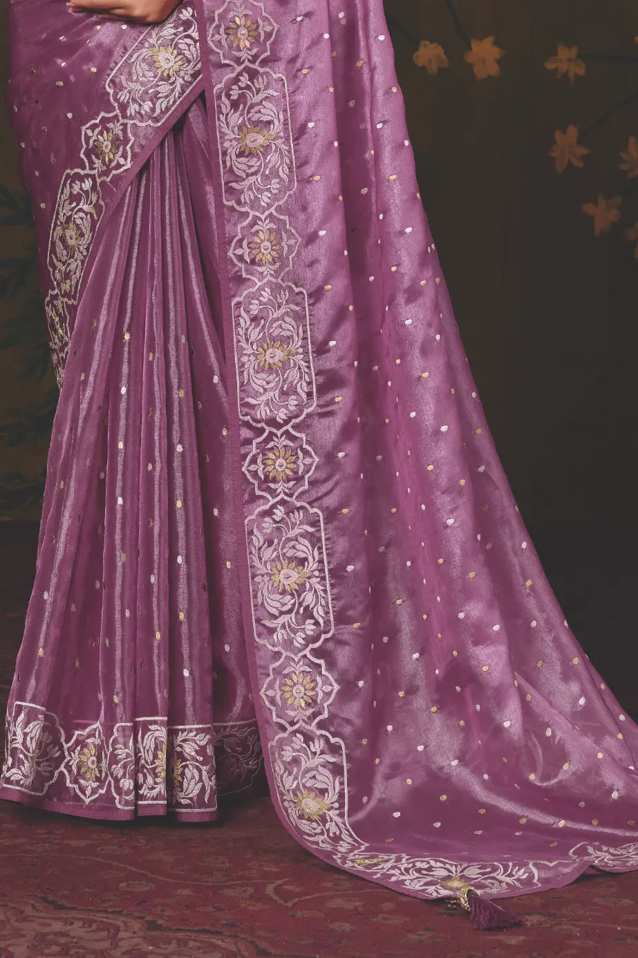 Lavender Satin Silk traditional saree with Multi Thread Embroidery by Naksh Creation view 3