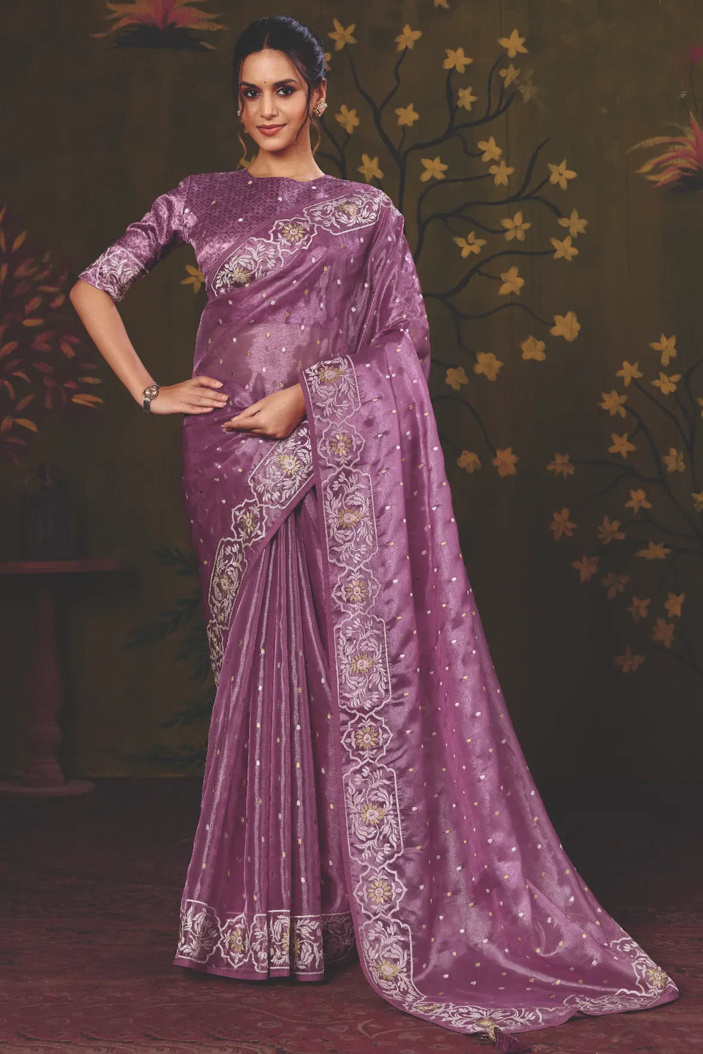 Lavender Satin Silk traditional saree with Multi Thread Embroidery by Naksh Creation view 4