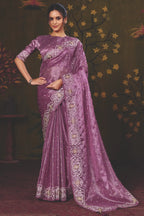 Lavender Satin Silk traditional saree with Multi Thread Embroidery by Naksh Creation view 4