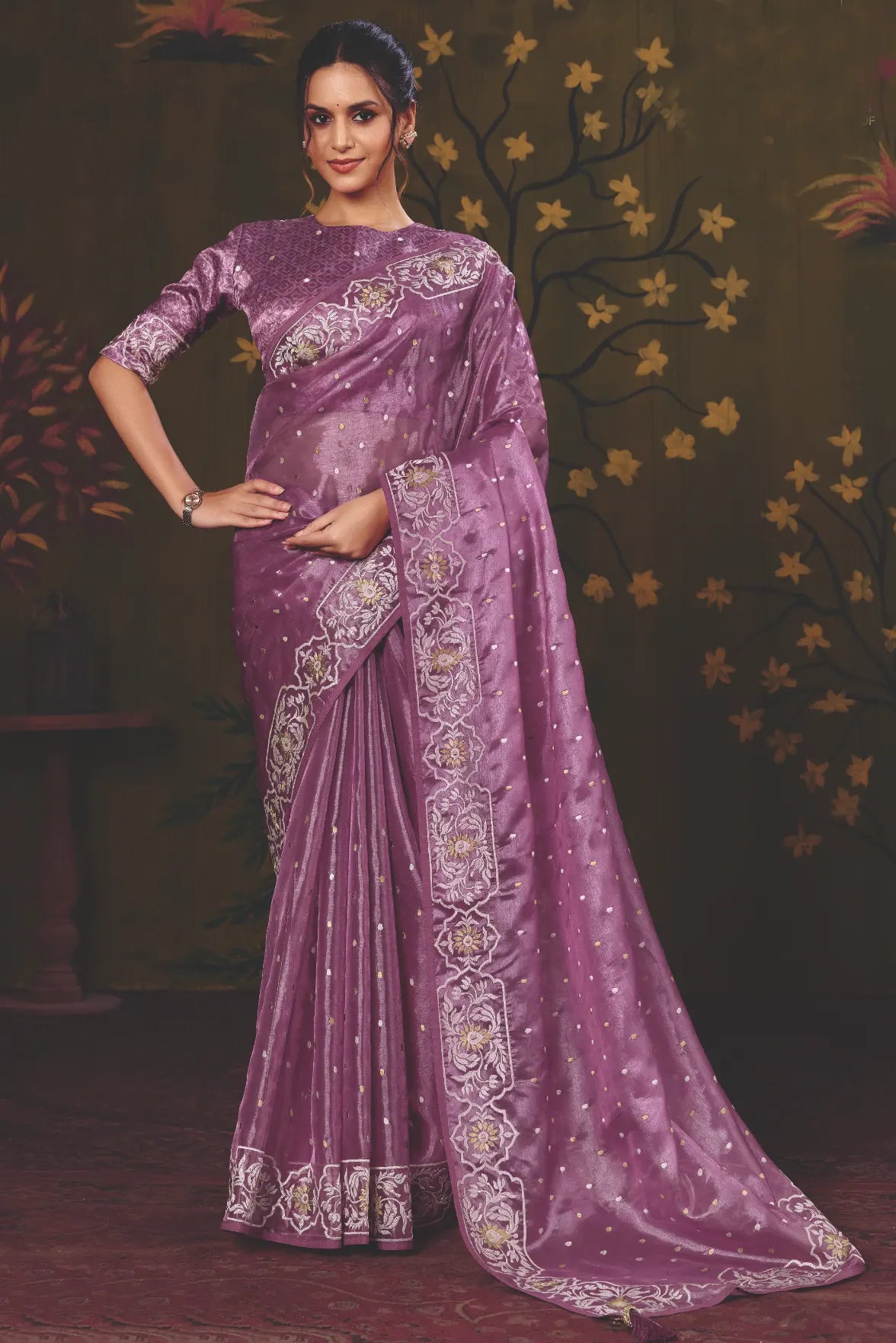 Lavender Satin Silk traditional saree with Multi Thread Embroidery by Naksh Creation view 4