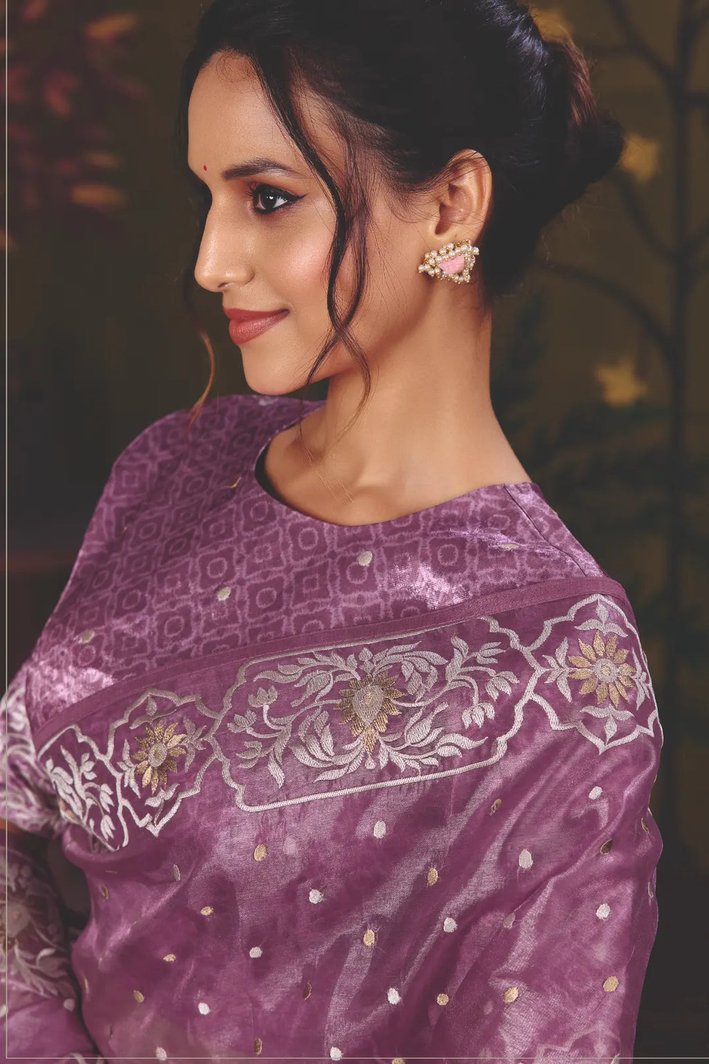 Lavender Satin Silk traditional saree with Multi Thread Embroidery by Naksh Creation view 5