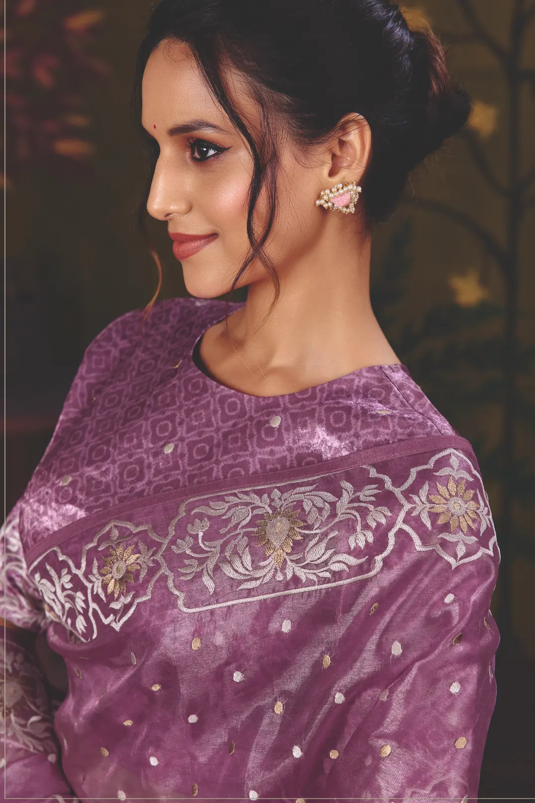 Lavender Satin Silk traditional saree with Multi Thread Embroidery by Naksh Creation view 5