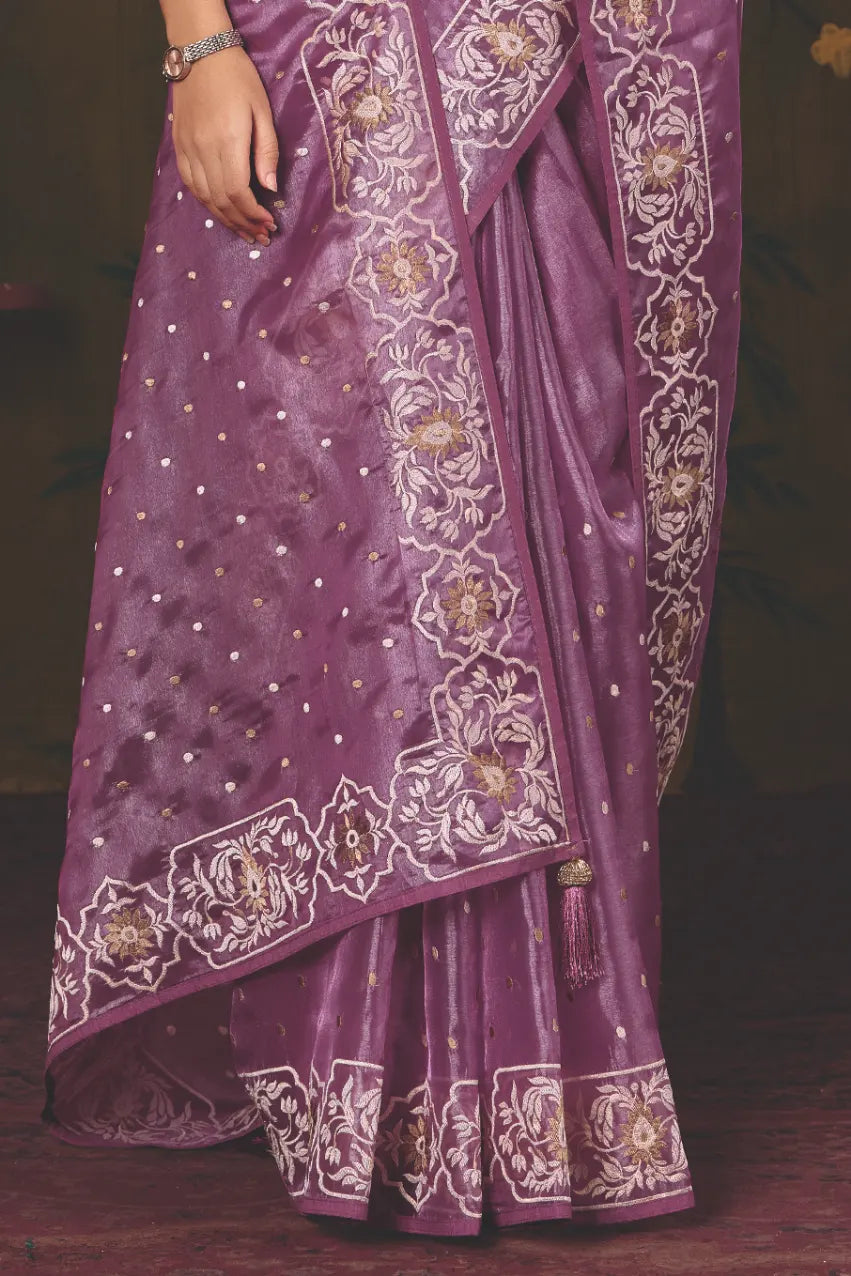 Lavender Satin Silk traditional saree with Multi Thread Embroidery by Naksh Creation view 6