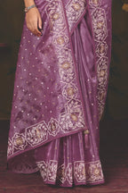 Lavender Satin Silk traditional saree with Multi Thread Embroidery by Naksh Creation view 6