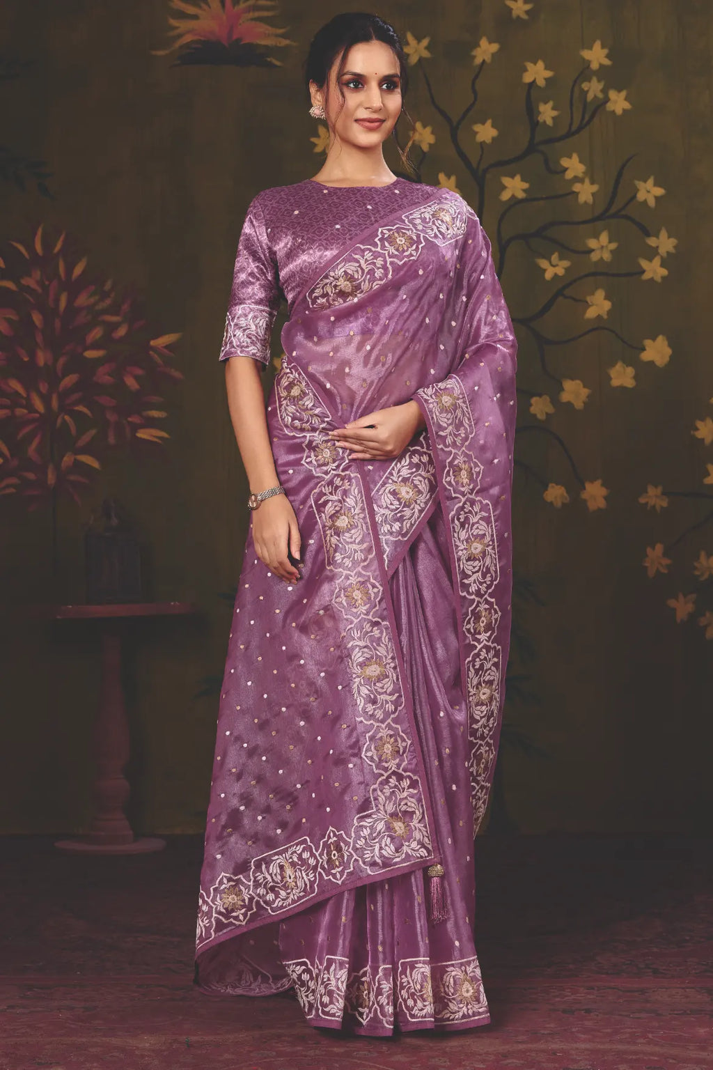Lavender Satin Silk traditional saree with Multi Thread Embroidery by Naksh Creation