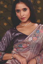 Mauve Organza Zari traditional saree with Floral Motifs Multi Thread Embroidery by Naksh Creation view 2