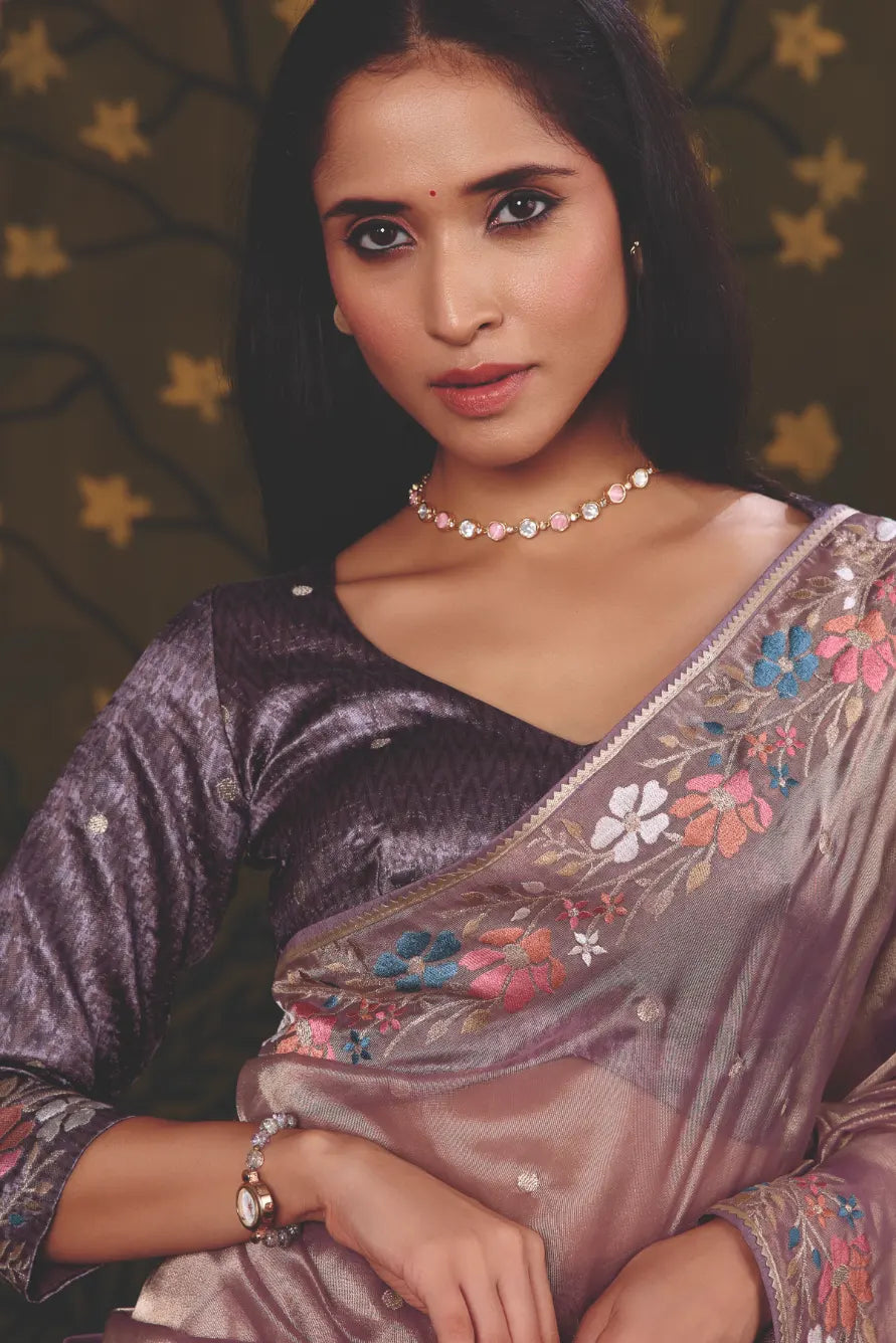Mauve Organza Zari traditional saree with Floral Motifs Multi Thread Embroidery by Naksh Creation view 2