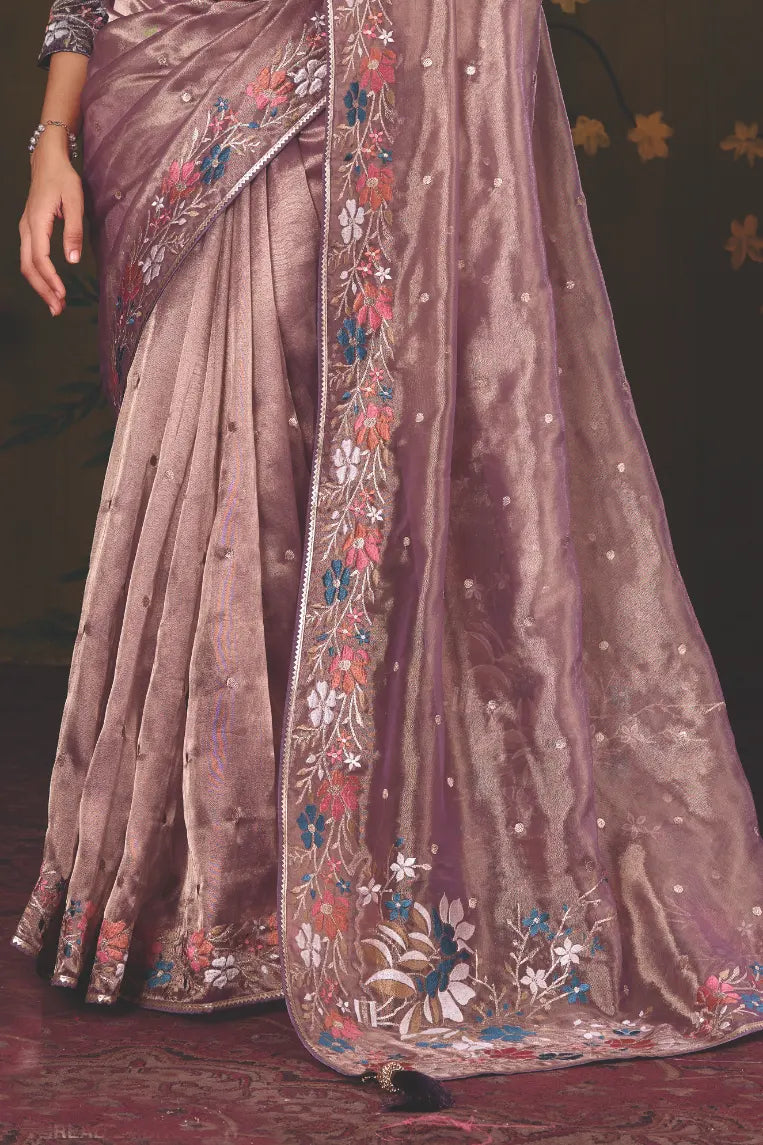 Mauve Organza Zari traditional saree with Floral Motifs Multi Thread Embroidery by Naksh Creation view 3